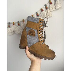 Sorel Lexie Wedge Waterproof Lace Up Boots Tan Leather Grey Winter Comfort 7.5